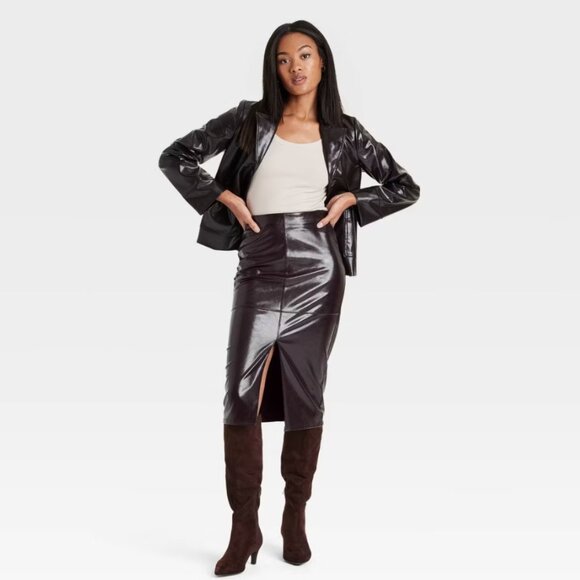 NWT A New Day Women's 14 Brown Faux Leather Midi Skirt Slit Front Side Zip - Picture 3 of 13